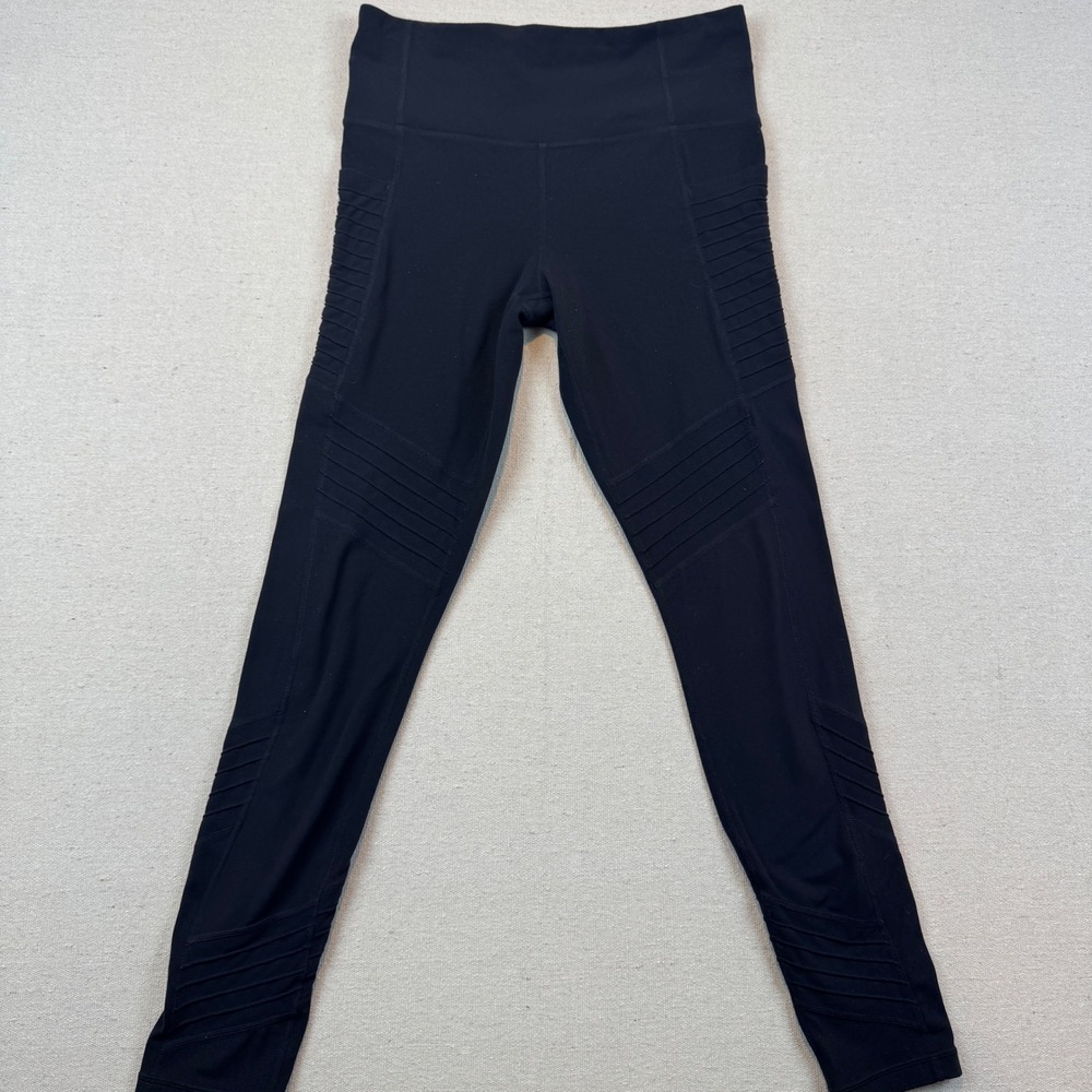 Athleta Small Leggings Women Black Moto Ribbed Side Pockets High Rise Activewear